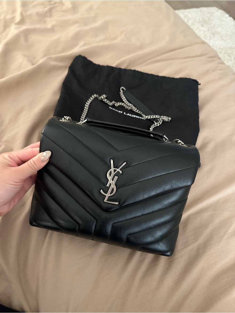 Saint Laurent Black Quilted Chevron YSL Chain Shoulder Bag